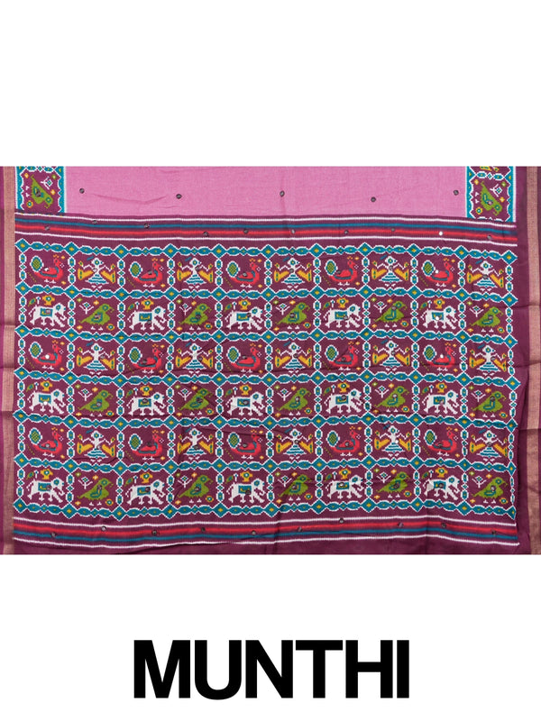 Mauve pink linen cotton saree with contrast maroon patola-print border, mirror work and multicolour ikat pallu