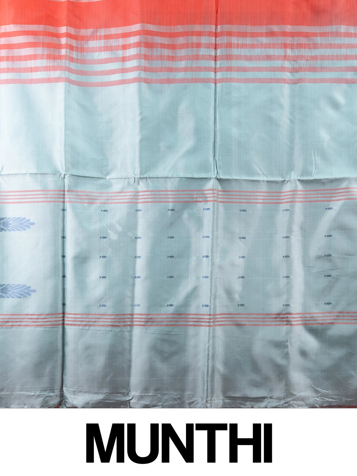 Orange-red banana silk saree with silver zari stripes and a contrast grey-blue pallu