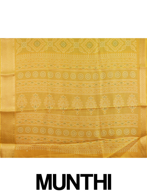 Mustard yellow bandhani print designer saree with gold zari border and banded pallu