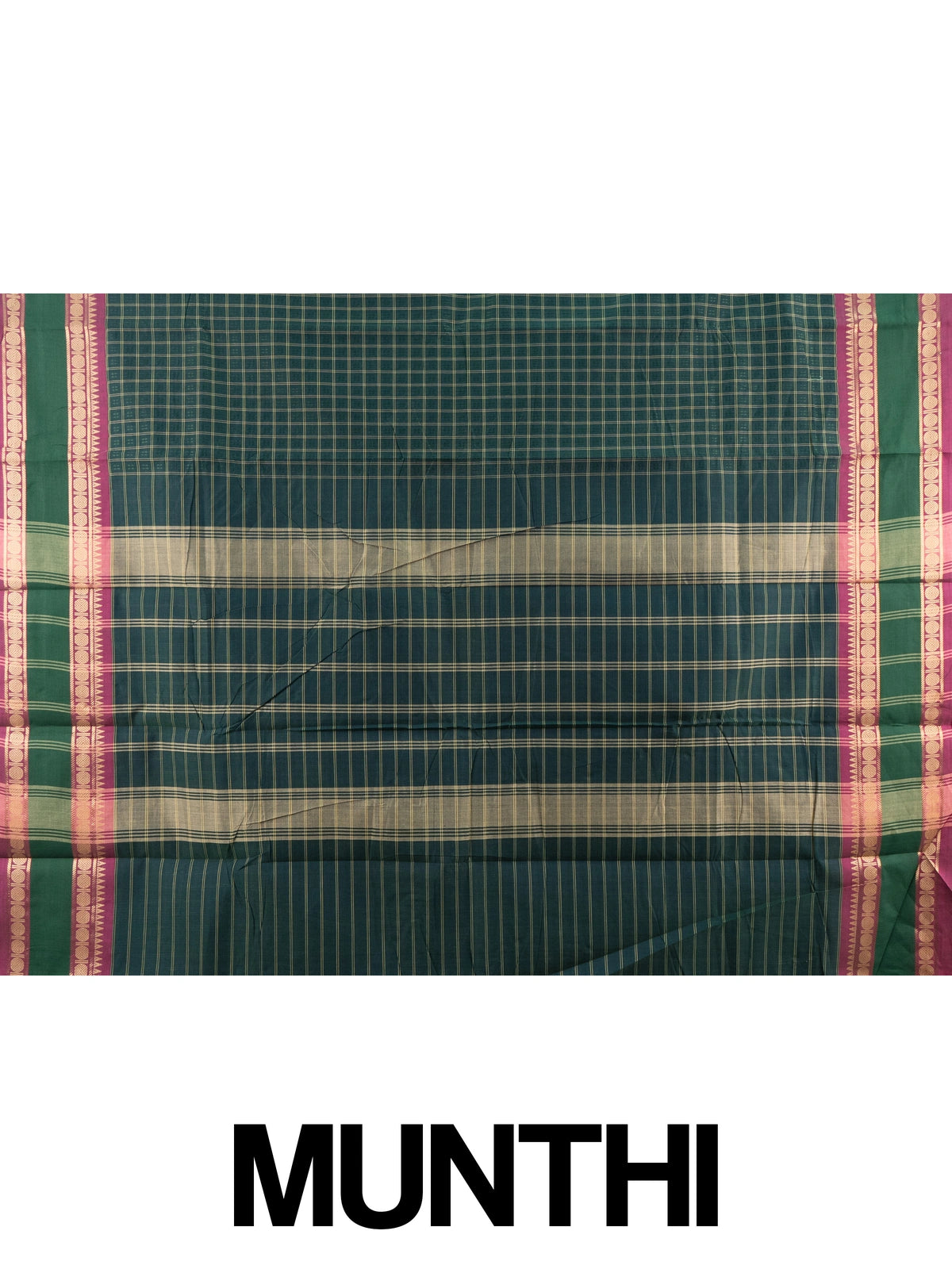 Dark green Chettinad cotton saree with gold checks and contrast magenta zari border