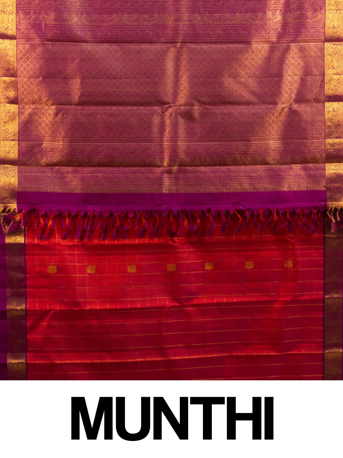 Orange pure Kanchipuram silk saree with magenta contrast gold zari border and brocade pallu
