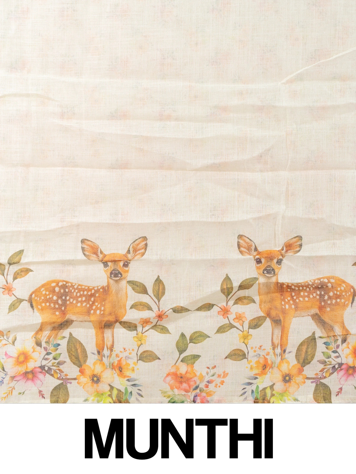 Cream linen cotton saree with orange floral and spotted deer prints and a slim golden zari border