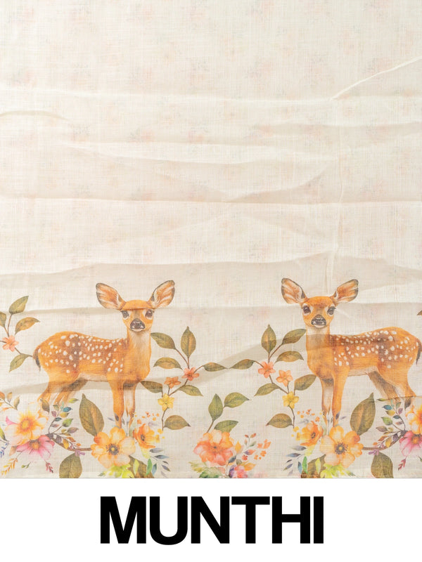 Cream linen cotton saree with orange floral and spotted deer prints and a slim golden zari border