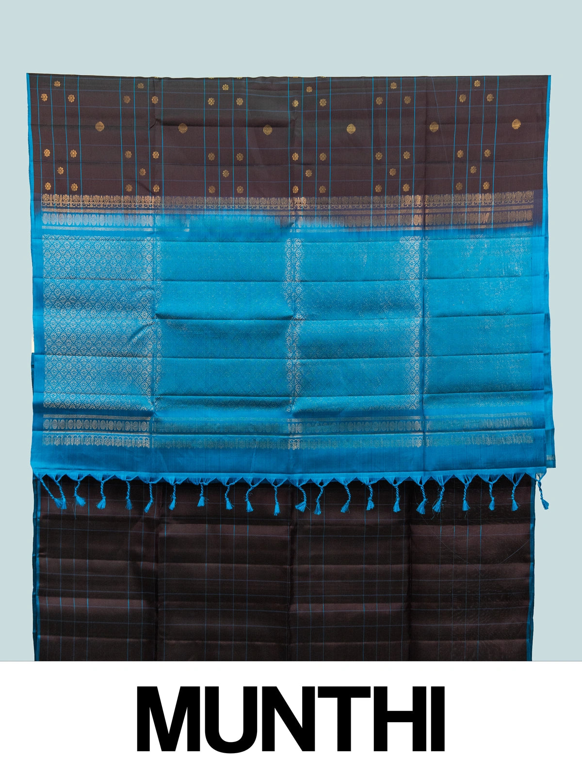 Dark brown Kanchipuram Pure Mix saree with blue checks, gold zari buttas and contrast peacock blue zari pallu and border