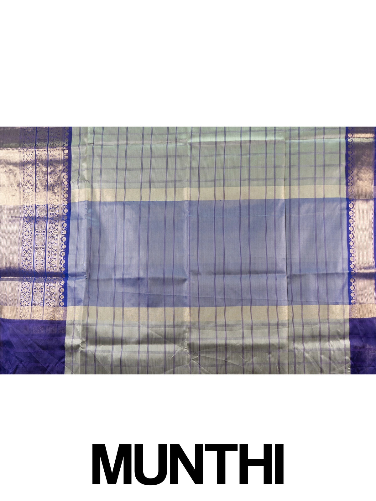 Sage green checked Kanchi semi silk saree with contrast violet gold zari border and pallu