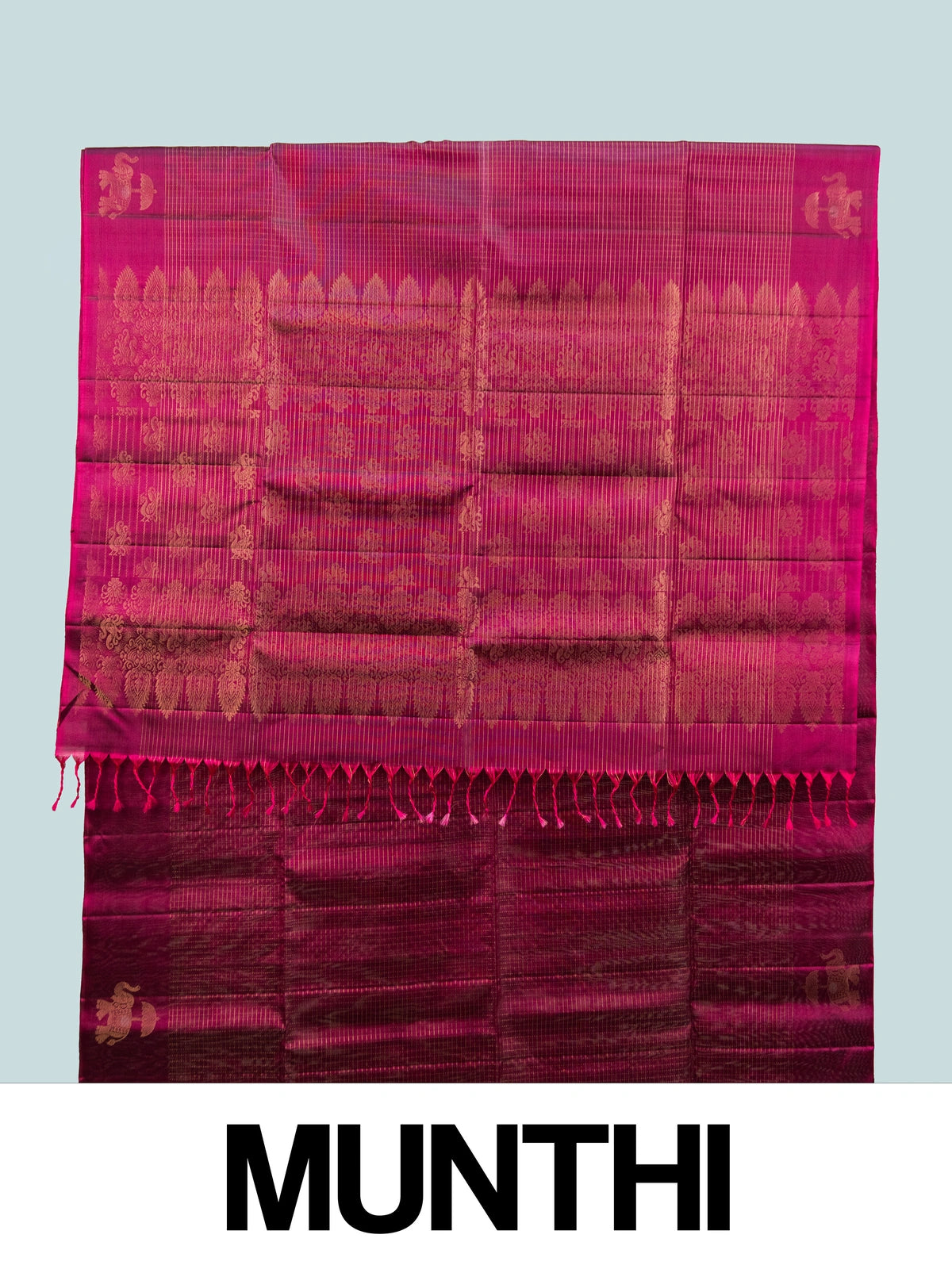Magenta pure soft silk saree with gold zari checks, elephant motifs and ornate zari pallu