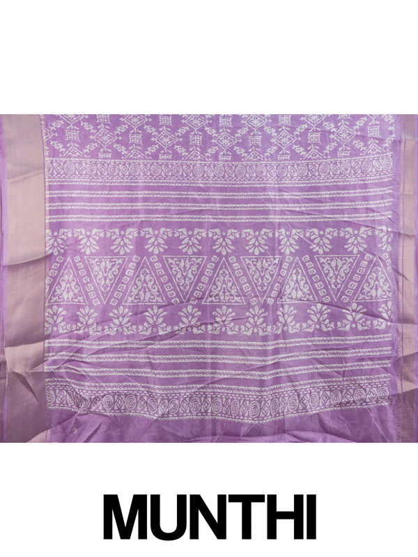 Lavender and white designer saree with batik-style print and zari border