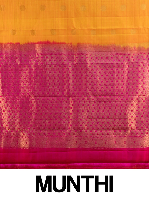 Orange and pink pure Kanchipuram silk saree with contrast gold zari border and buttas