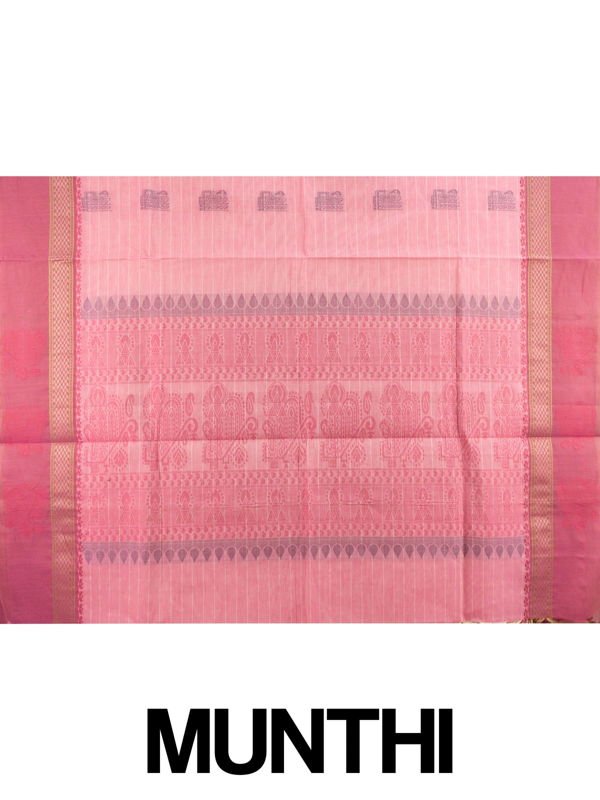 Pink semi raw silk saree with contrast rose border, gold zari and woven pallu motifs