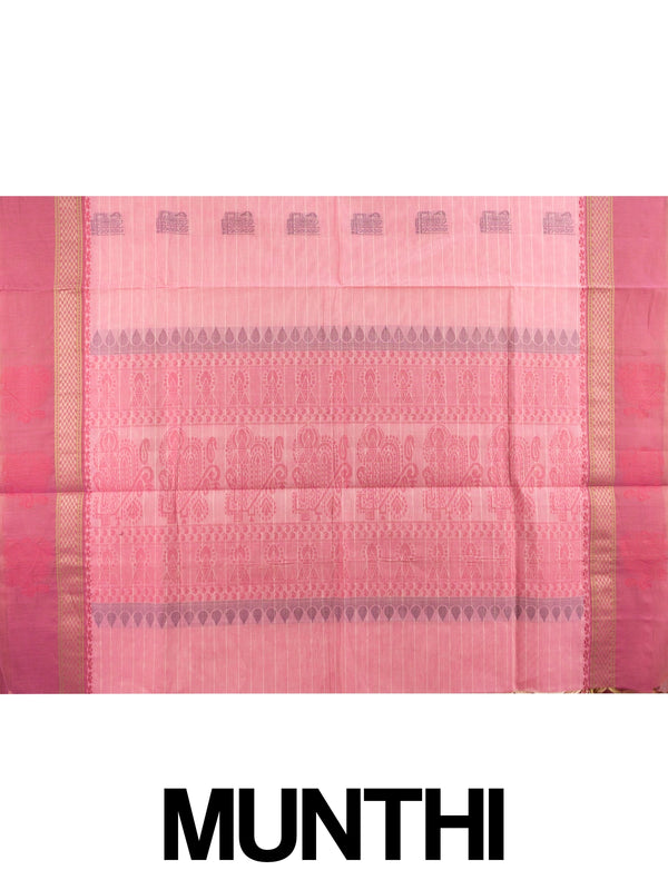 Pink semi raw silk saree with contrast rose border, gold zari and woven pallu motifs