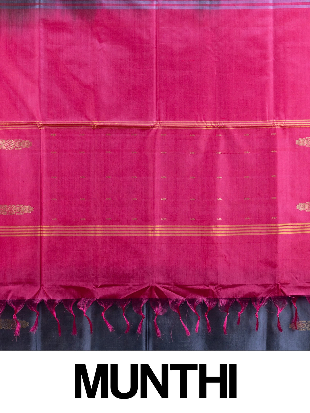 Grey-blue Banana Silk saree with contrast pink zari border and pallu