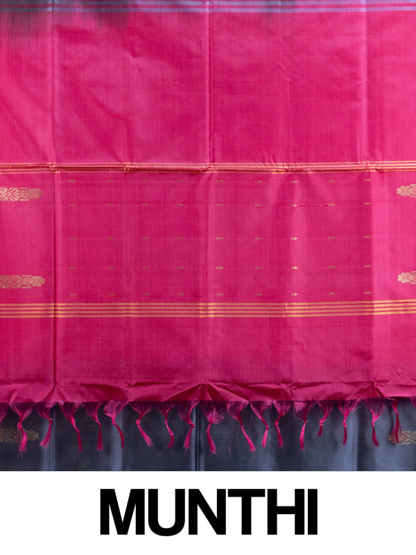 Grey-blue Banana Silk saree with contrast pink zari border and pallu