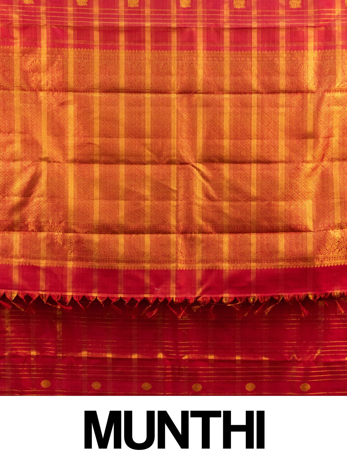 Red and gold pure Kanchipuram silk saree with checked body, gold zari buttas and ornate temple zari border
