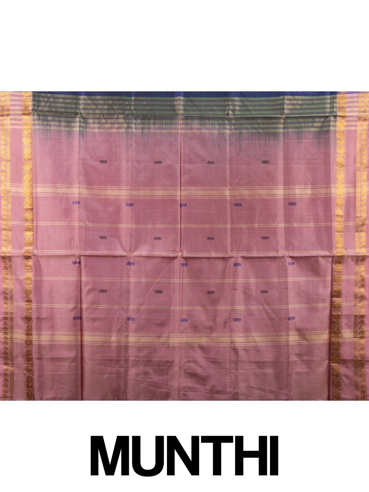 Navy blue banana silk saree with mauve-pink contrast pallu and gold zari peacock border