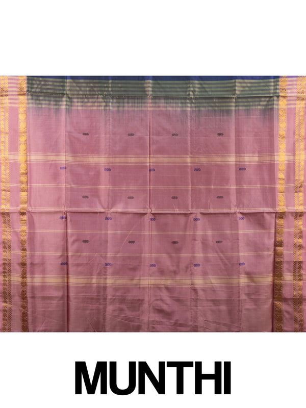 Navy blue banana silk saree with mauve-pink contrast pallu and gold zari peacock border