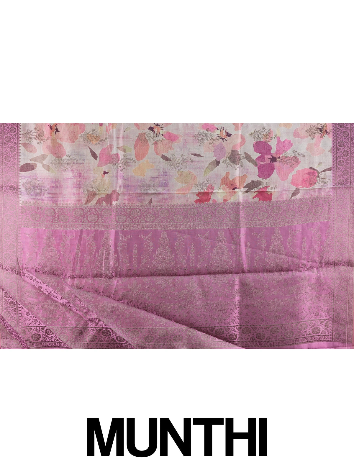 Pink and mauve floral semi tussar saree with contrast mauve zari border and woven pallu