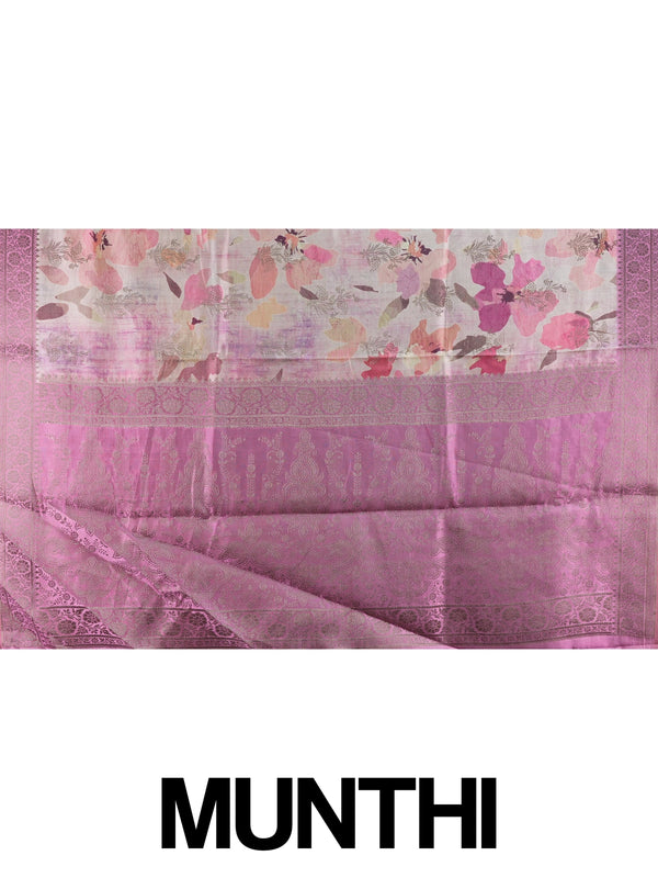 Pink and mauve floral semi tussar saree with contrast mauve zari border and woven pallu