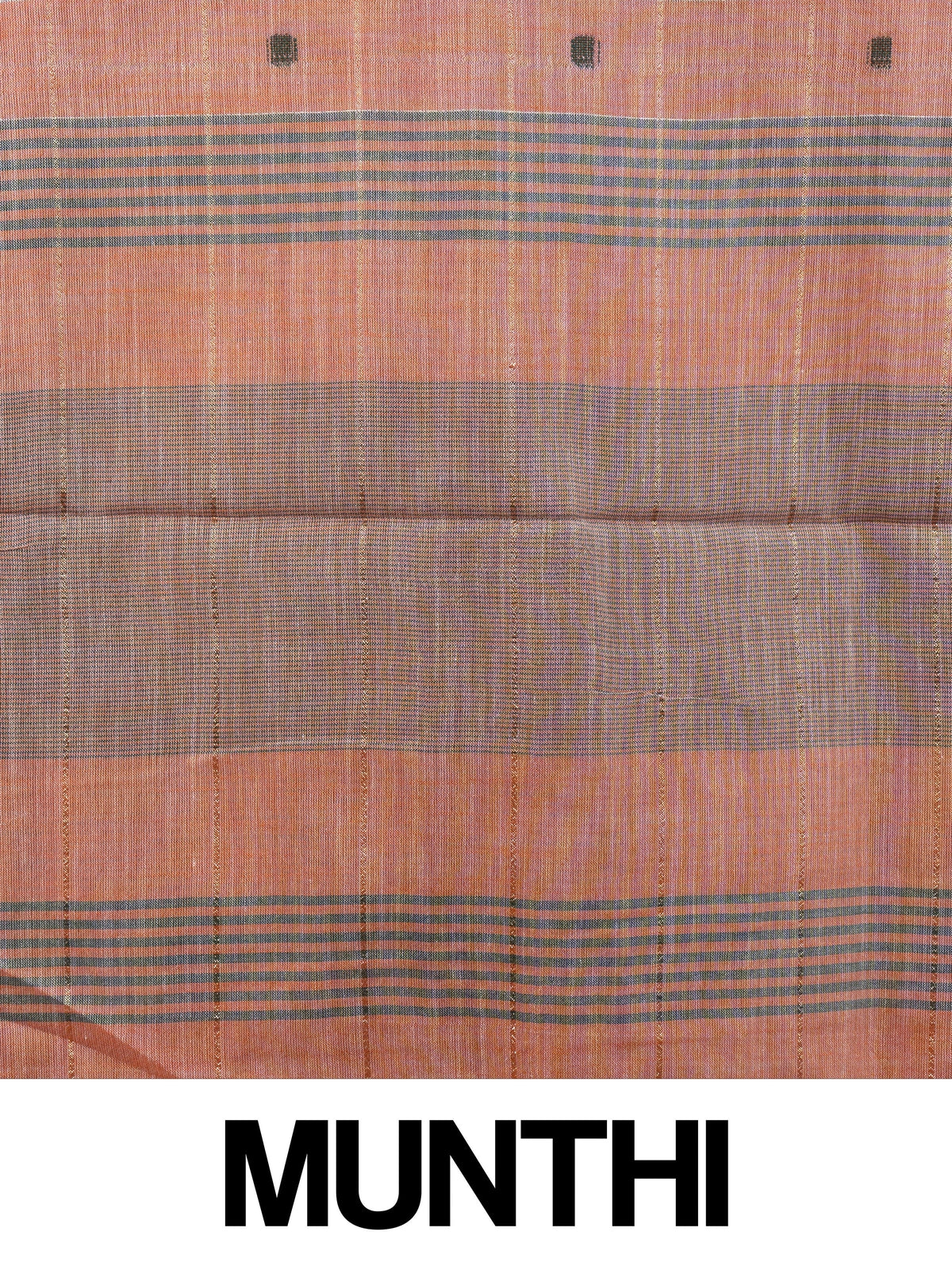 Peach and grey linen cotton saree with woven checks, buttis and contrast border