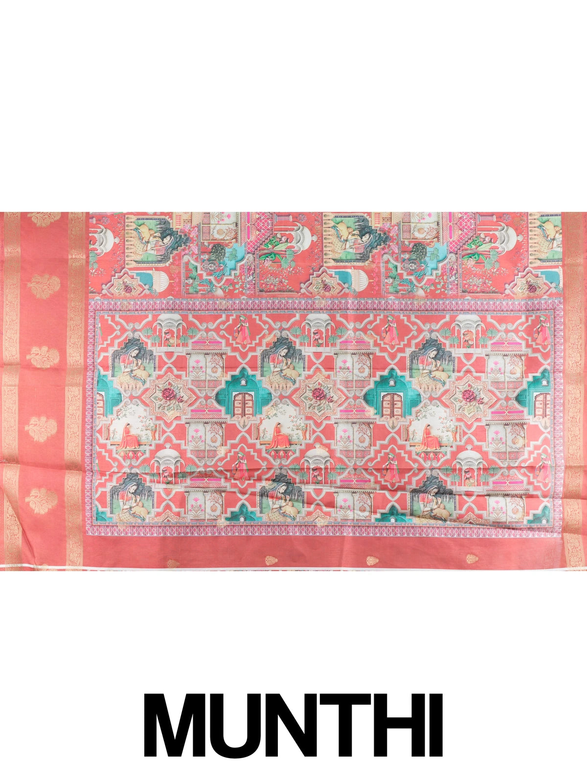 Coral pink Dola silk saree with Mughal-inspired multicolour print and gold zari border