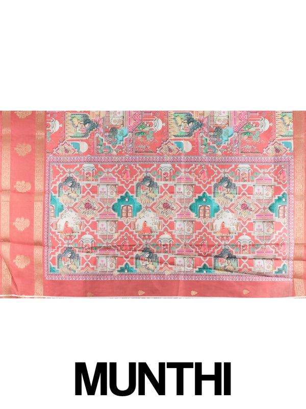 Coral pink Dola silk saree with Mughal-inspired multicolour print and gold zari border