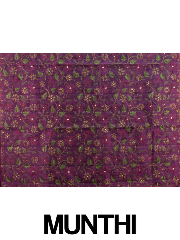 Purple semi tussar saree with allover multi-colour floral embroidery and paisley border