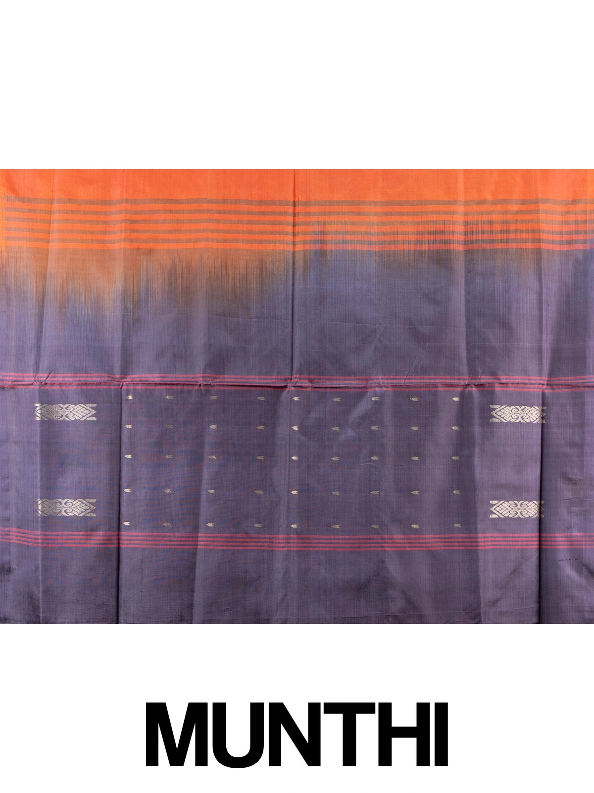 Orange banana silk saree with navy blue pallu, silver zari buttas and contrast blouse