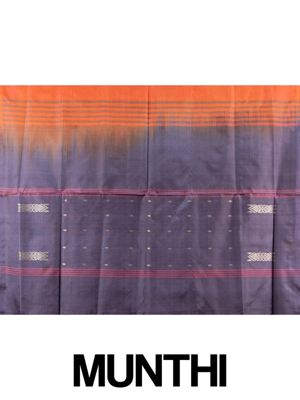 Orange banana silk saree with navy blue pallu, silver zari buttas and contrast blouse