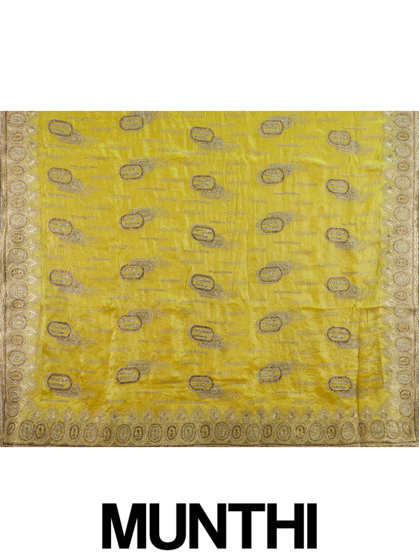 Yellow designer saree with gold zari and stone paisley motifs and embellished border
