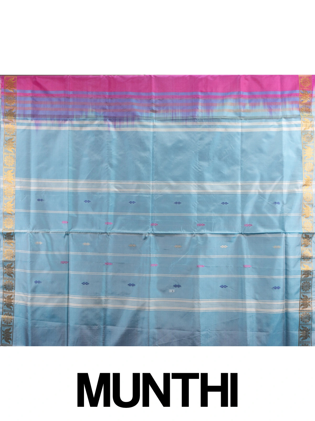 Pink banana silk saree with gold zari border, blue buti motifs and contrasting sky blue pallu
