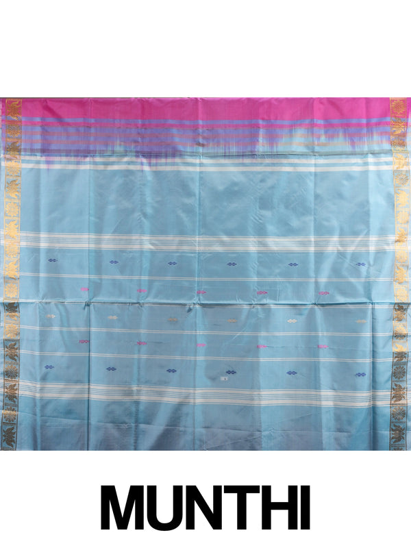 Pink banana silk saree with gold zari border, blue buti motifs and contrasting sky blue pallu