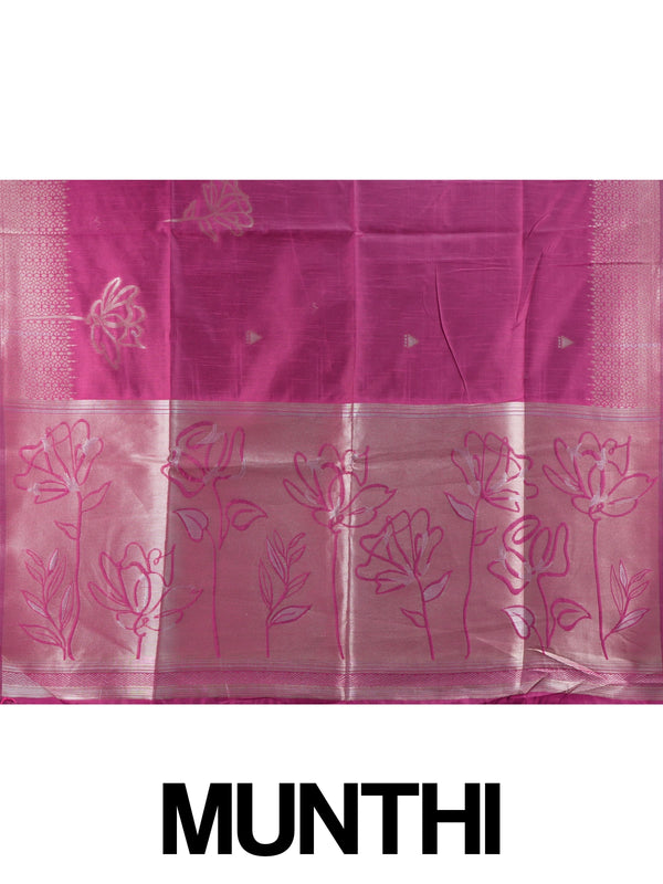 Magenta pink semi tussar saree with silver zari lotus pallu and contrast border