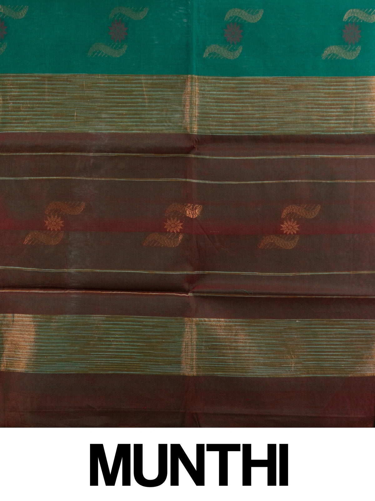 Teal green silk cotton saree with maroon gold zari border and paisley floral buttas