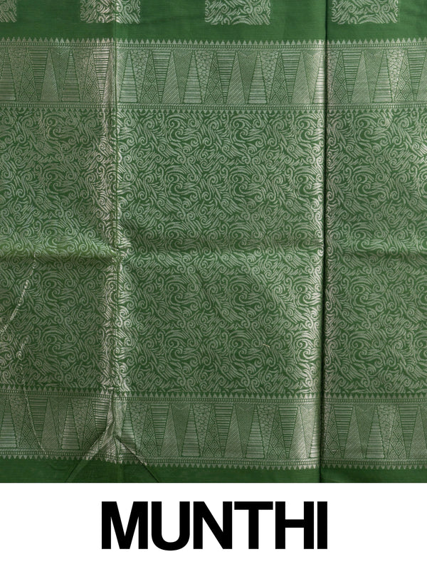 Green silk cotton saree with silver zari square buttas and temple-triangle border