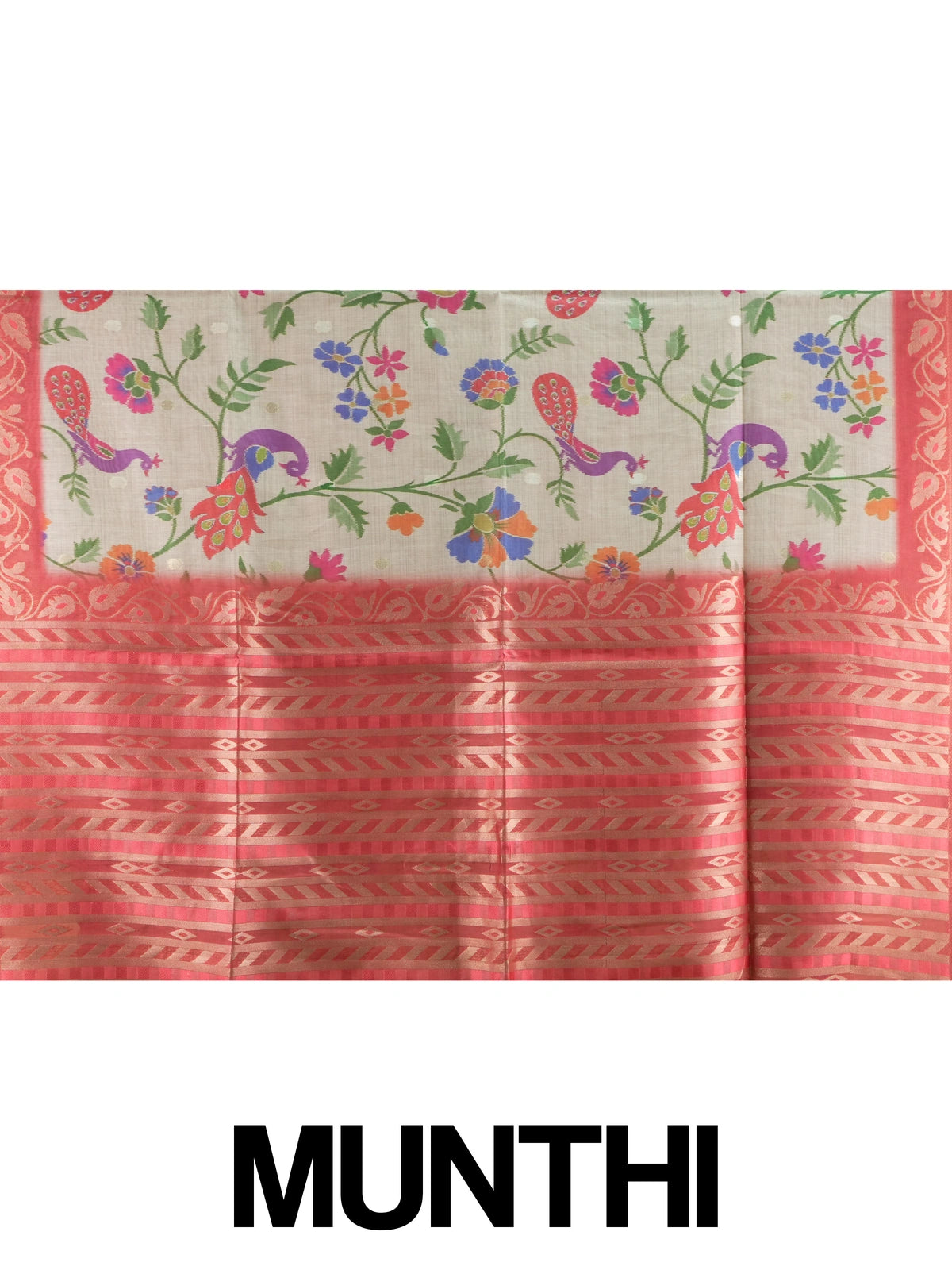 Cream linen cotton saree with multicolour peacock floral weave and red zari border