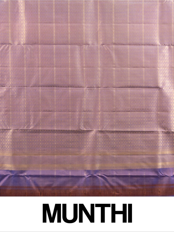 Peacock blue pure Kanchipuram silk saree with gold zari checks and contrast lavender zari border
