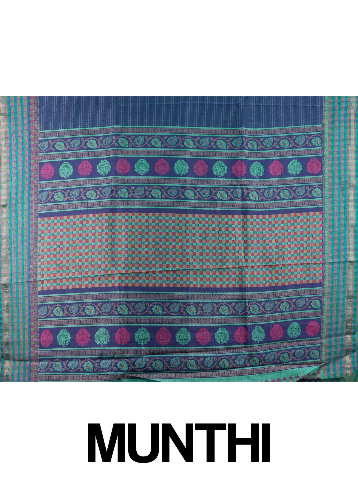 Navy blue Dola silk saree with teal-green contrast checked border and paisley motif pallu