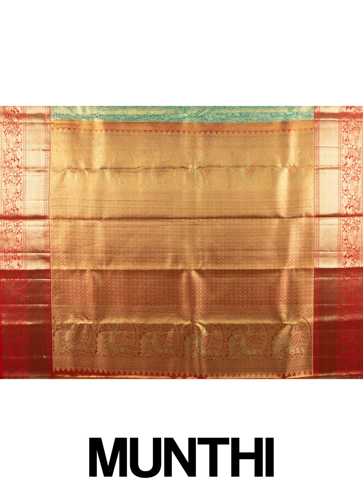 Green pure Kanchipuram silk saree with contrast red border and gold zari floral weaving