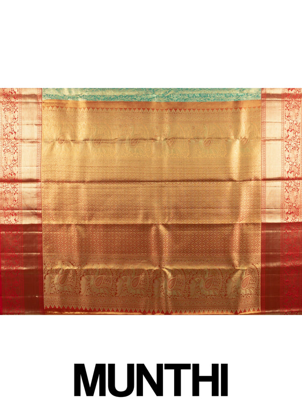 Green pure Kanchipuram silk saree with contrast red border and gold zari floral weaving