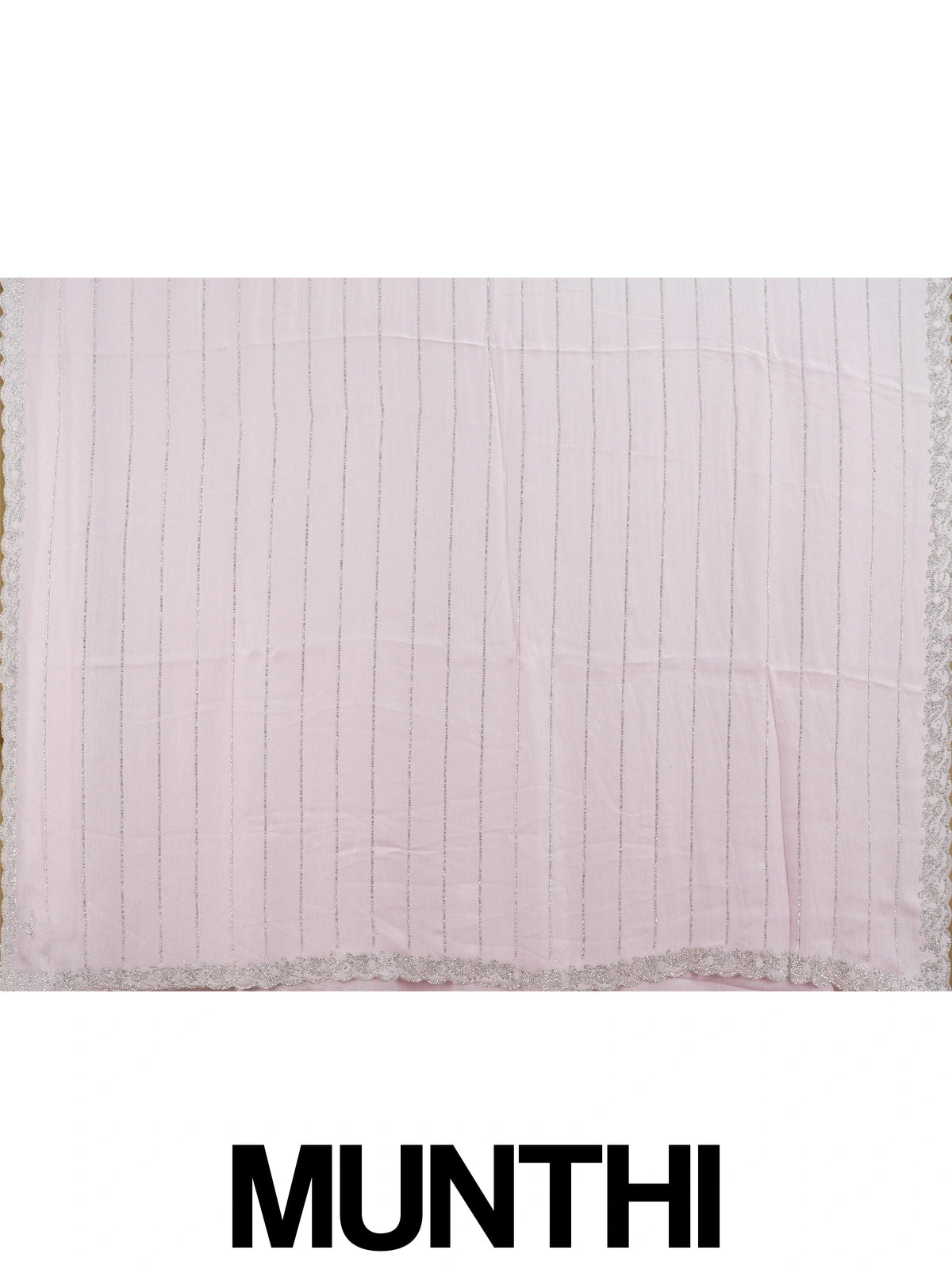 Lilac pink designer chiffon saree with silver sequin stripes and scalloped stone border