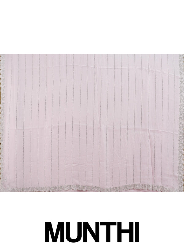 Lilac pink designer chiffon saree with silver sequin stripes and scalloped stone border