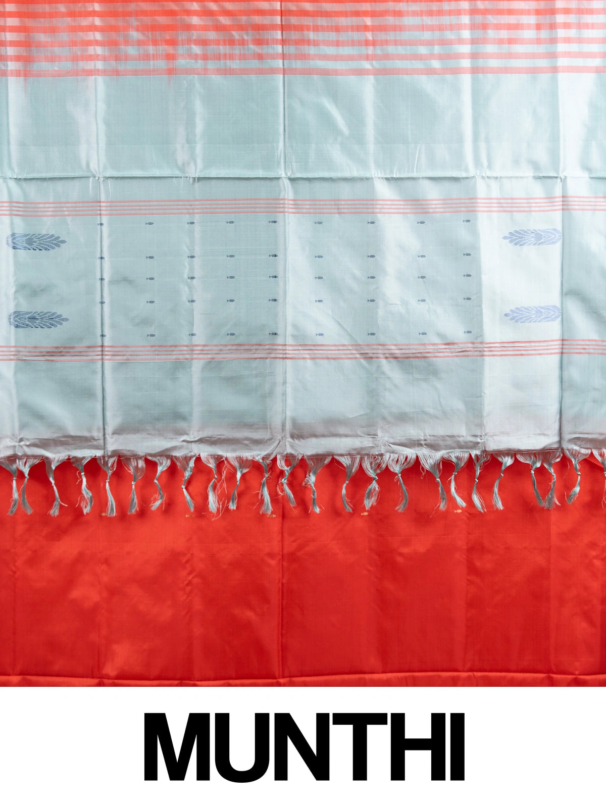 Red banana silk saree with gold butta and contrast light blue striped pallu