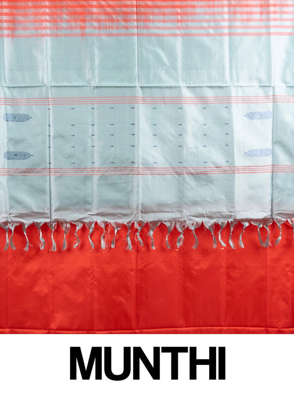 Red banana silk saree with gold butta and contrast light blue striped pallu