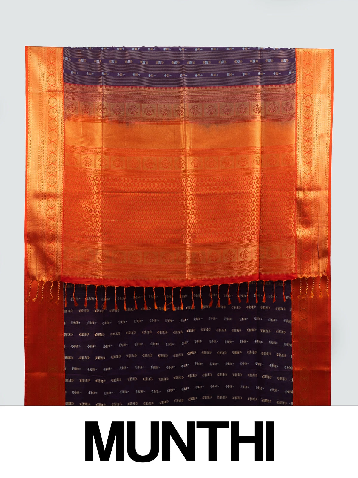 Purple Kanchipuram fancy silk saree with contrast orange gold zari border and brocade pallu