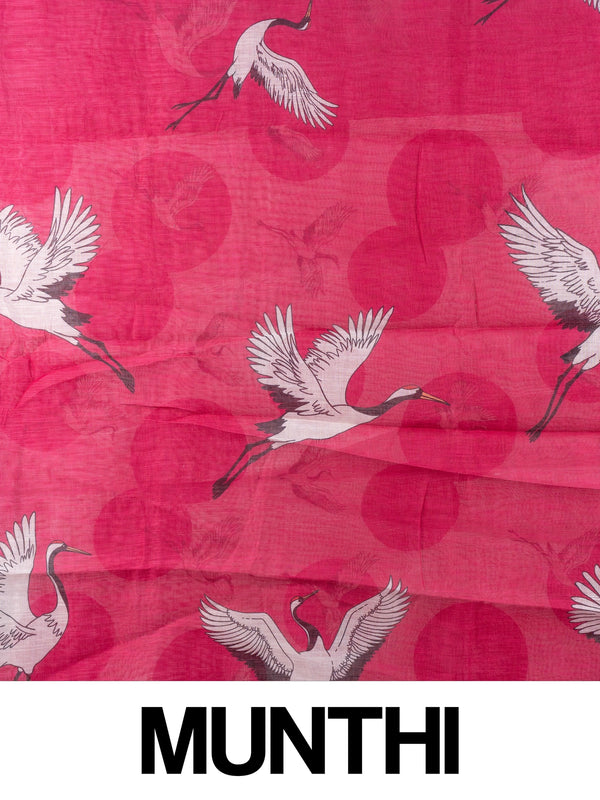 Rani pink linen cotton saree with white flying crane prints, tonal circles and a thin gold zari border
