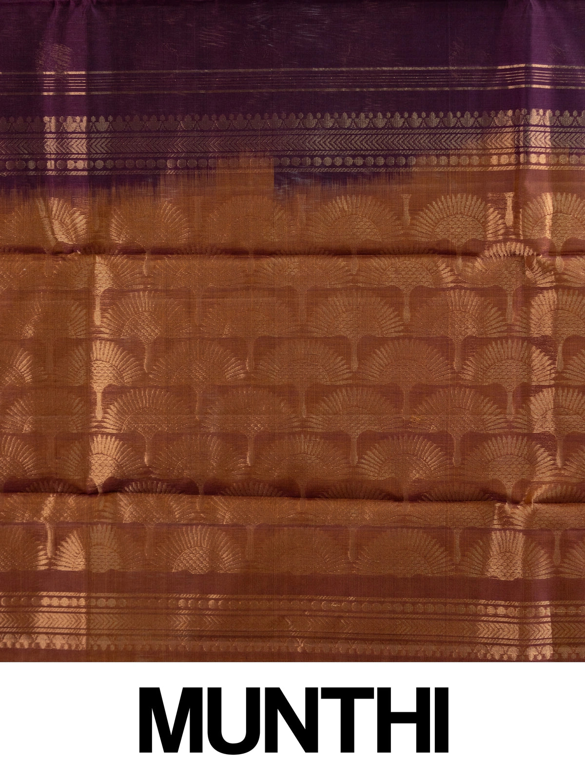 Purple pure silk cotton saree with copper zari buttas and contrast copper-gold zari border and pallu