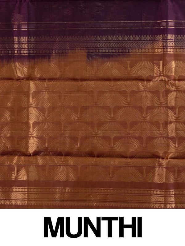 Purple pure silk cotton saree with copper zari buttas and contrast copper-gold zari border and pallu