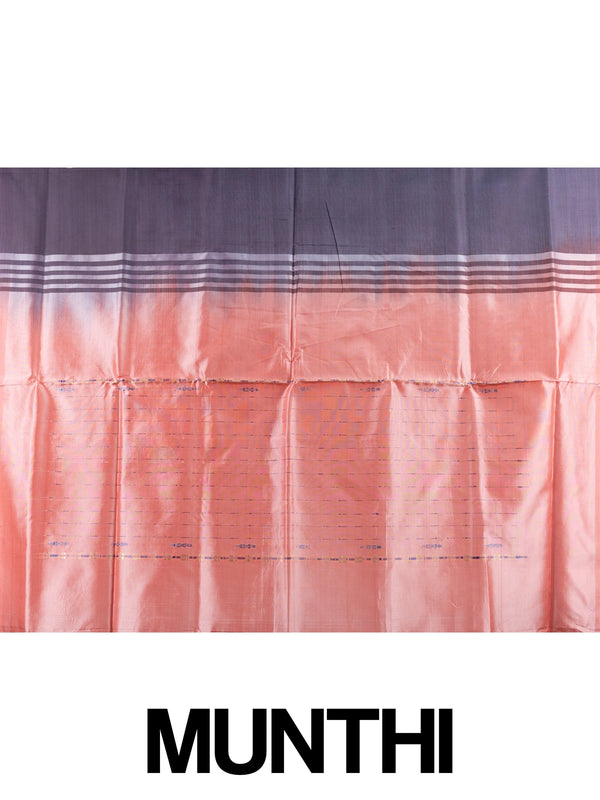 Aubergine banana silk saree with coral zari-striped pallu and contrast blouse