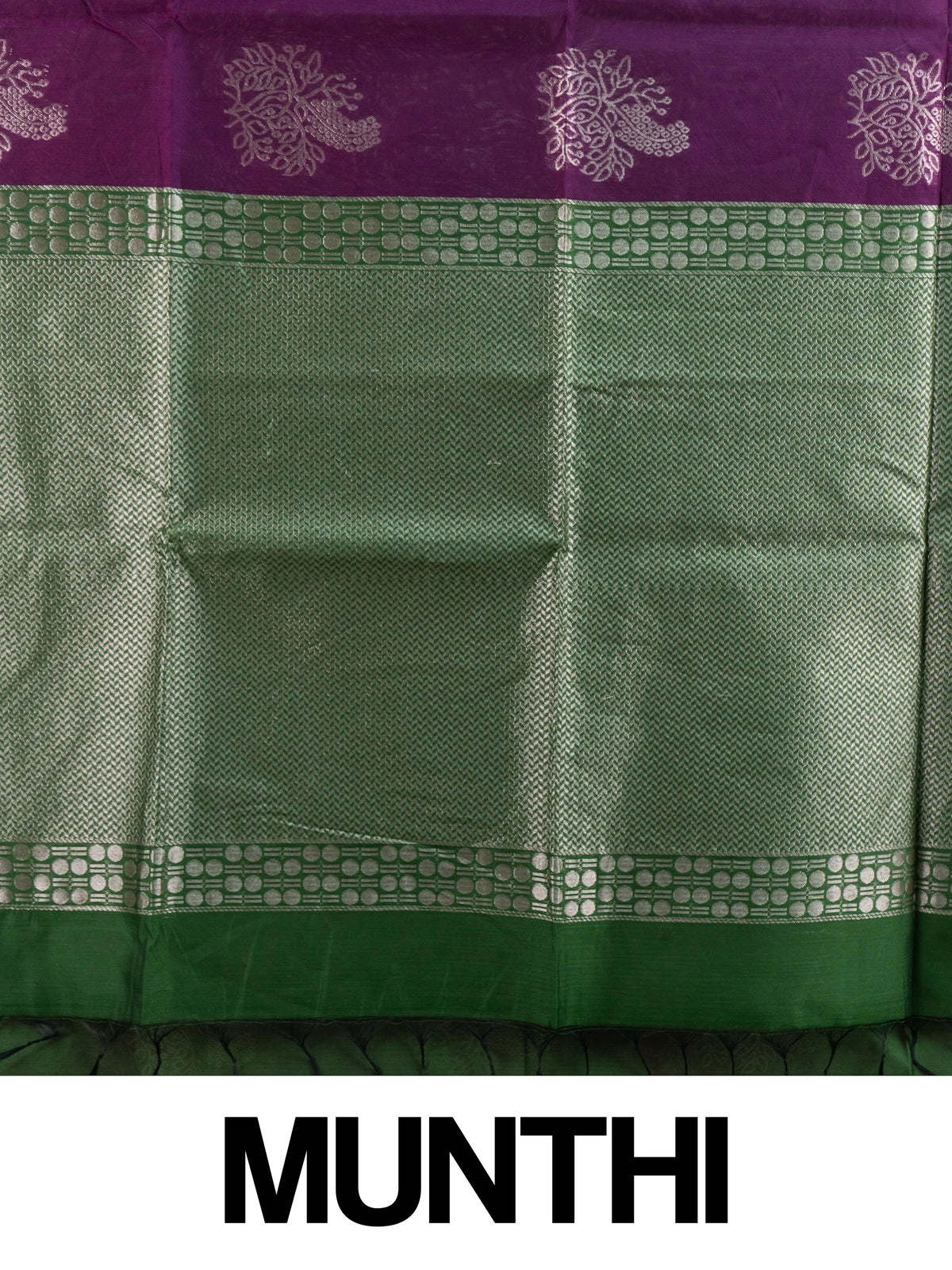 Purple silk cotton saree with silver zari floral buttas and contrast green zari border and pallu