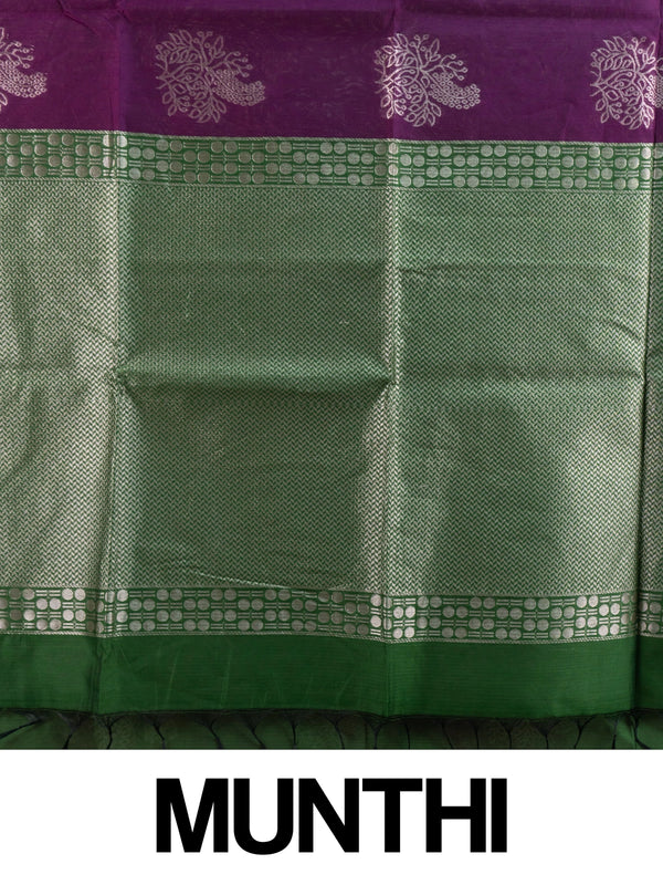 Purple silk cotton saree with silver zari floral buttas and contrast green zari border and pallu