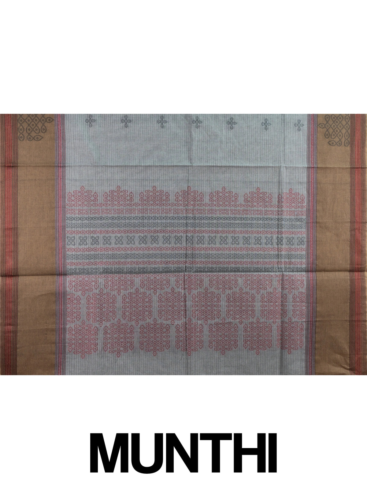Grey and brown semi raw silk saree with contrast thread border and woven kolam motifs
